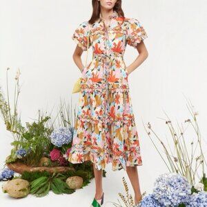CeliaB Freya Dress Large Floral Multicolor Button Down MIDI Pockets Drawstring